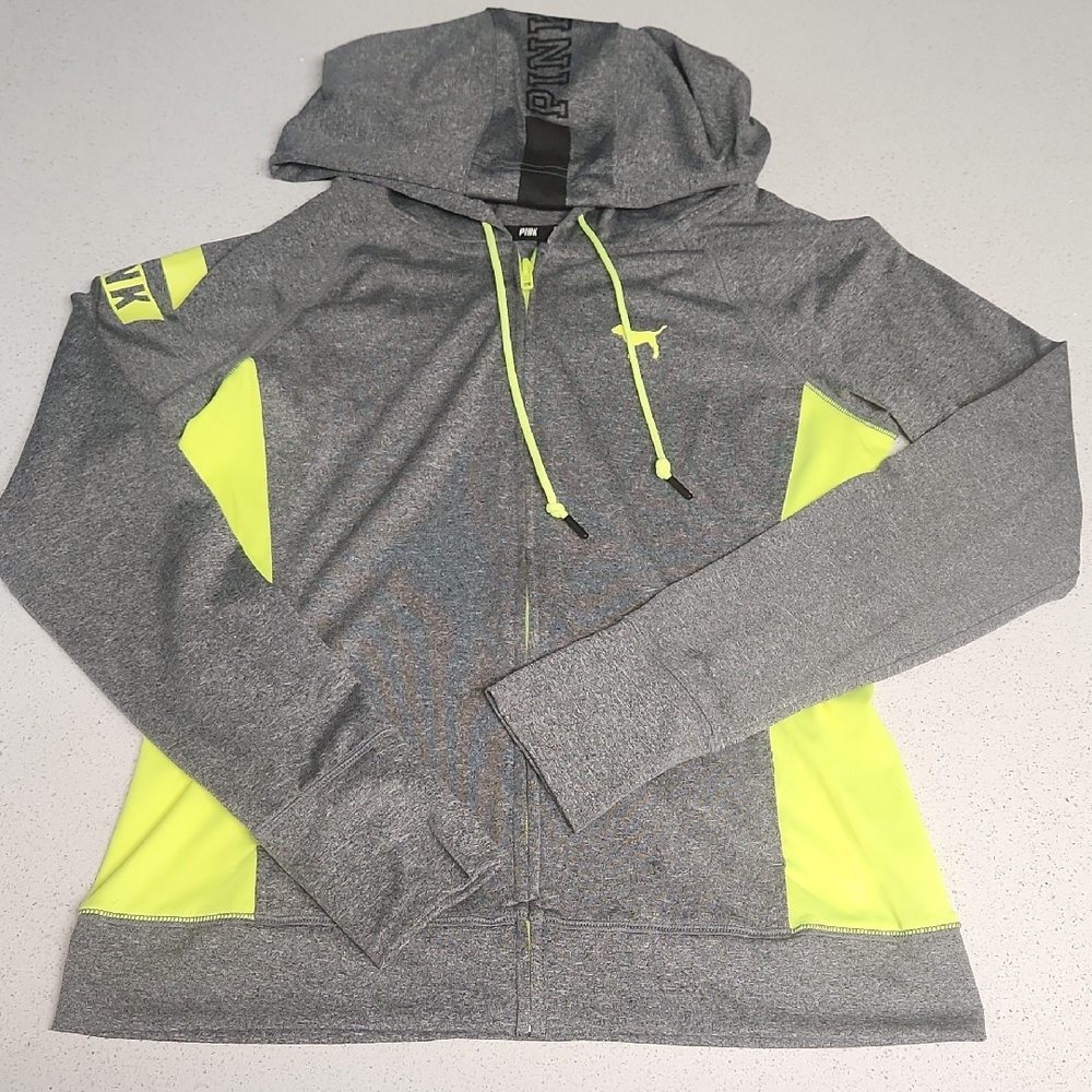 PINK Victoria's Secret NWOT Ultimate Gray & Neon Yellow Zip-Up Hooded Jacket